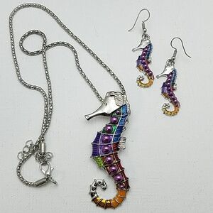 Colorful Seahorse Silver Tone Necklace & Earrings
